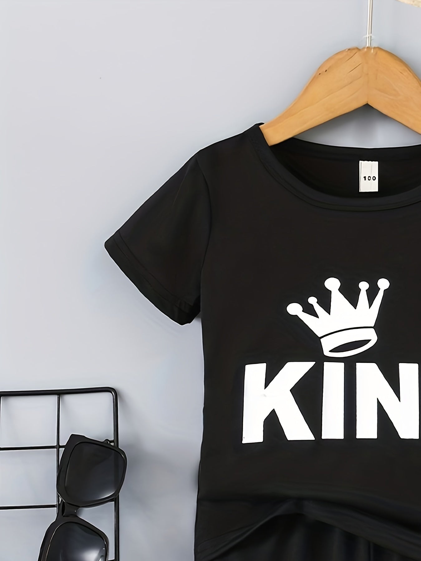 Boys' "KING" Crown Print Casual Outfit Set in Black - includes T-shirt, shorts, and crossbody bag. Made of 100% polyester, machine washable. Ideal for spring/summer, outdoor activities.