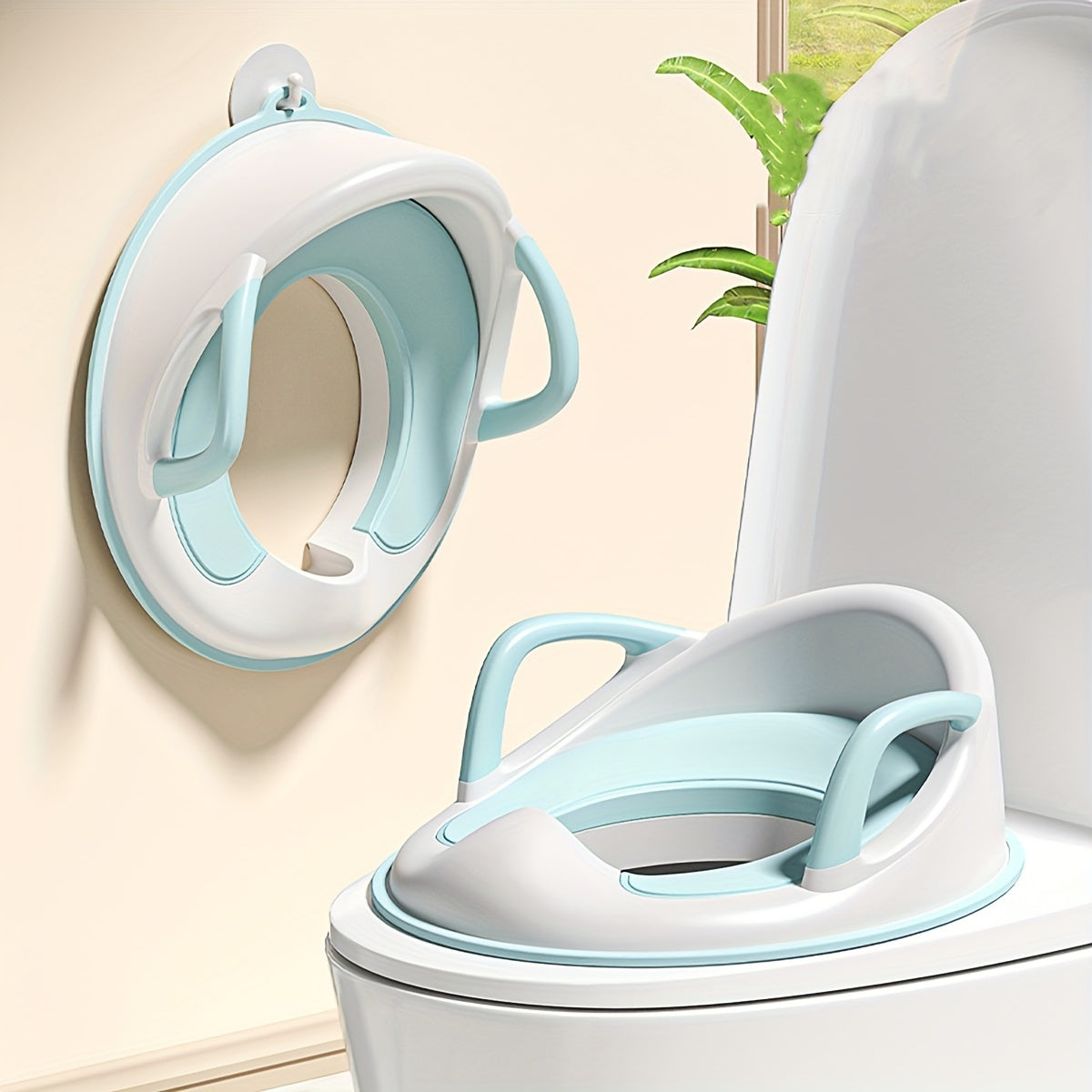 Potty Training Seat with Sturdy Handles, Durable Plastic Toilet Trainer Suitable for Ages 3-6, Easy to Clean and Designed for Perfect Fit, Features Dual Color Scheme.