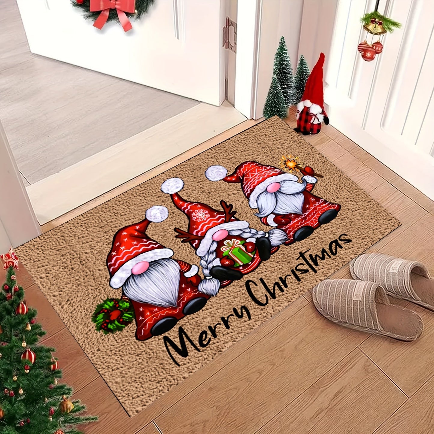 A holiday-inspired velvet rug with a non-slip backing, perfect for use in entryways, bedrooms, kitchens, and bathrooms.