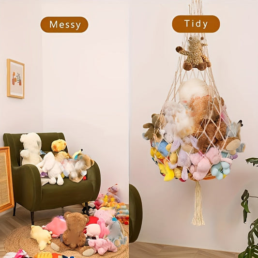 Stuffed Animal Net or Hammock with Tassel - Hanging Storage Organizer for Stuffed Animals, Corner Mesh Doll Net for Bedroom or Living Room - Home Wall Decoration and Gift for Christmas, Birthday, or New Year