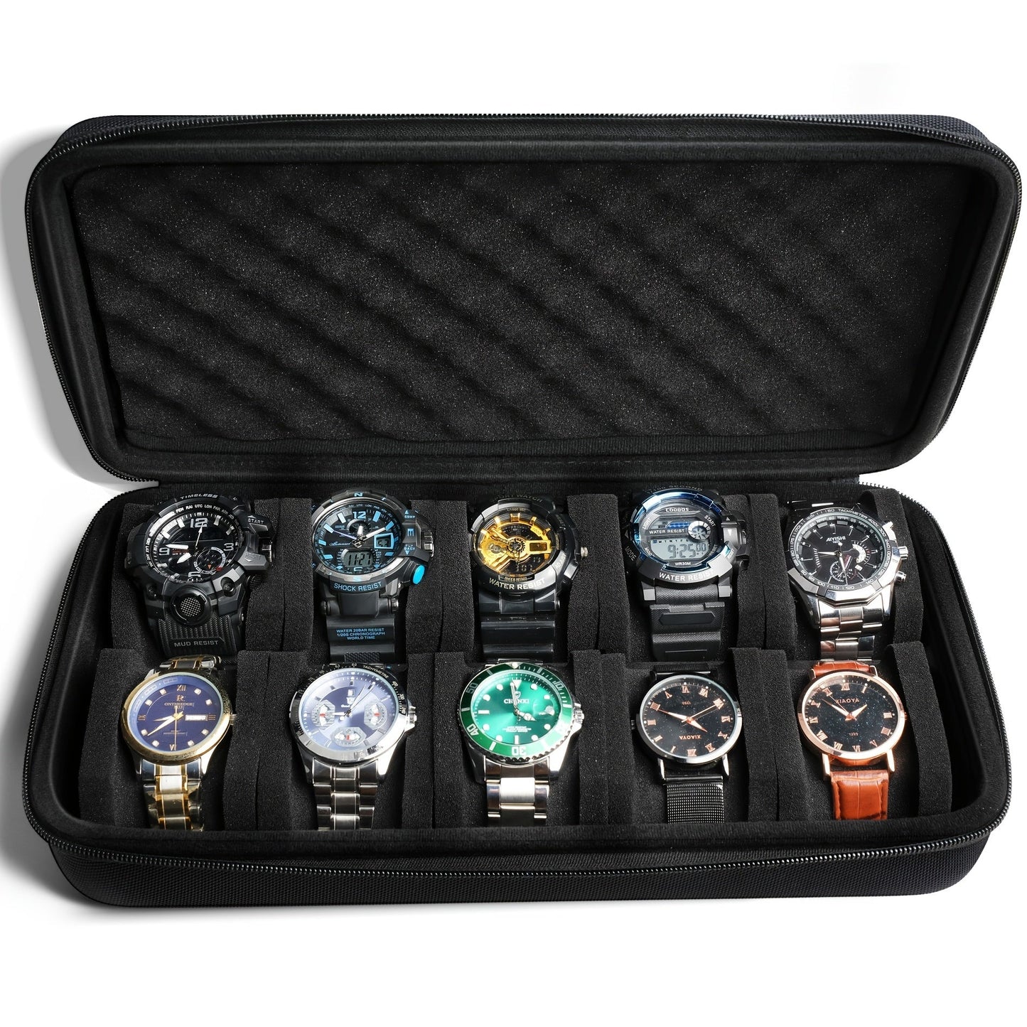 Ideal for gifts, this hard shell zipper carry case can store up to 10 watches. It's the perfect choice for organizing and displaying your watch collection.