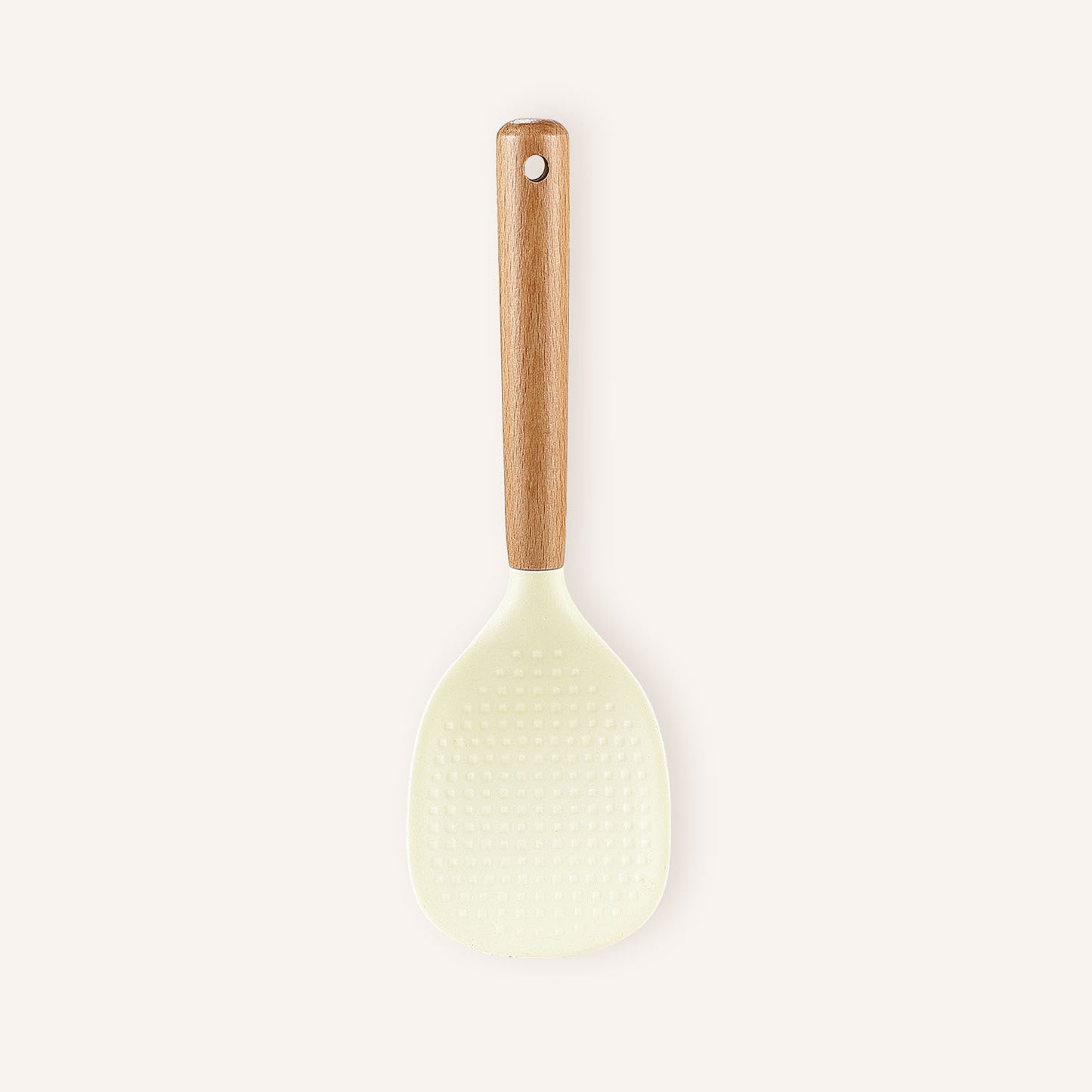 Silicone rice spoon with wooden handle, ideal for non-stick cookware, durable and convenient serving utensil.