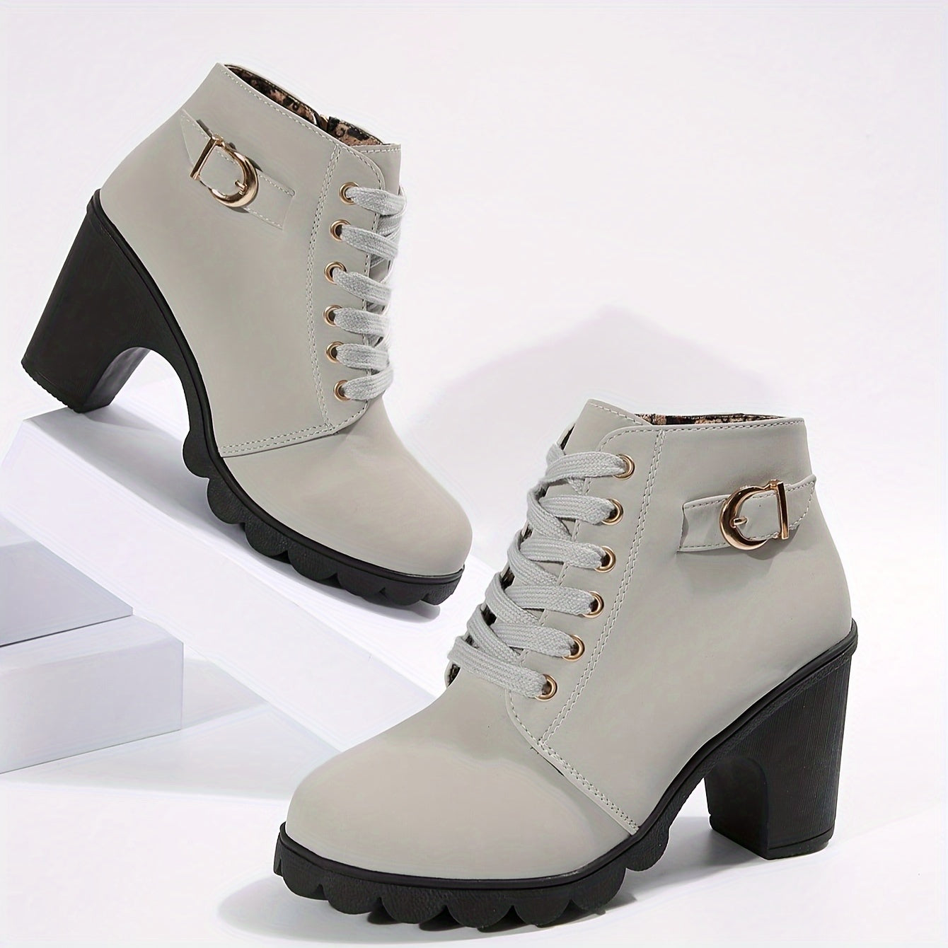 Chunky heel lace-up ankle boots for women, with side zipper.