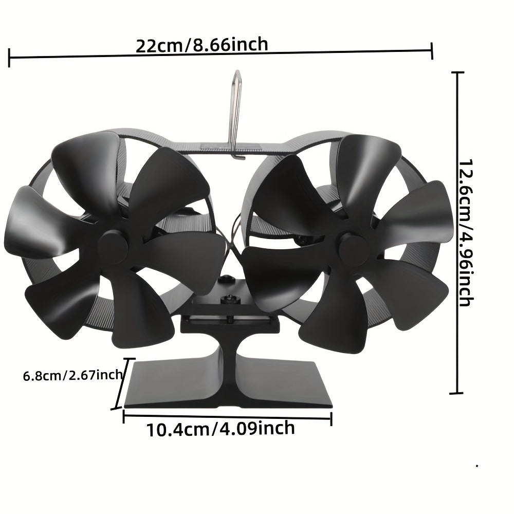 12-Blade Heat Powered Stove Accessory Fireplace Fan for Wood/Gas/Log Burners. Dual-Head Design, Aluminum with Polished Finish, Non-Electric Operation.