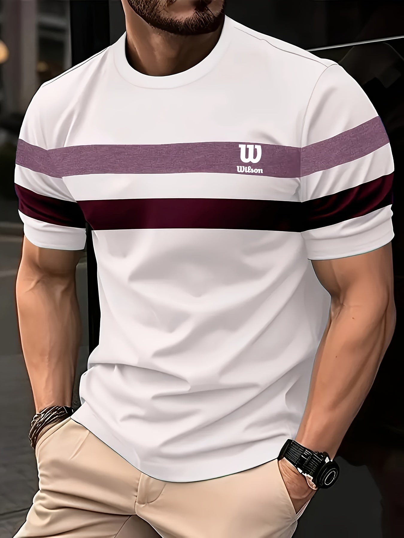 Men's Lightweight Casual T-Shirt with Green and White Striped Side Panels and "W" Print, Round Neck, Machine Washable