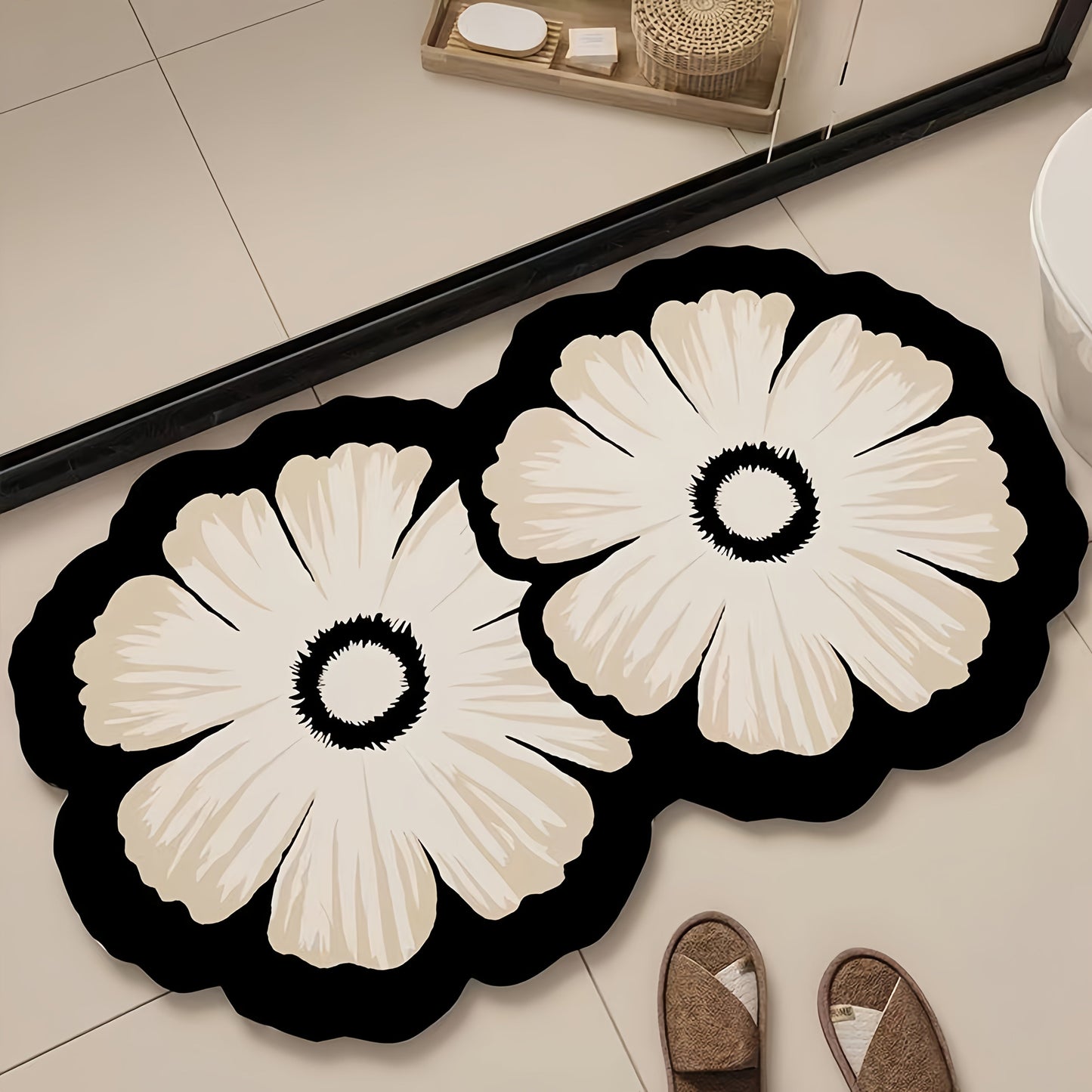 Christmas Decorative Floor Mat with Floral Pattern, Made of Diatomaceous Earth, Non-Slip Rubber Backing, Machine Washable, Quick-Dry Soft Shower Carpet, Low Pile Knit Fabric, suitable for Bathroom.