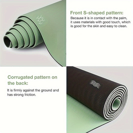 Non-slip yoga mat with textured surface and strap for yoga, pilates, and fitness workouts.