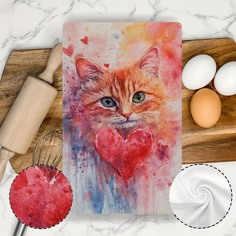 Pair of 2 Ultra-Soft Kitchen Towels with Adorable Kitty Design, Ideal for Valentine's Day. These Highly Absorbent Dish and Hand Towels are Great for Holiday Decor, Machine Washable, and Measure 40.64X60.96 cm.