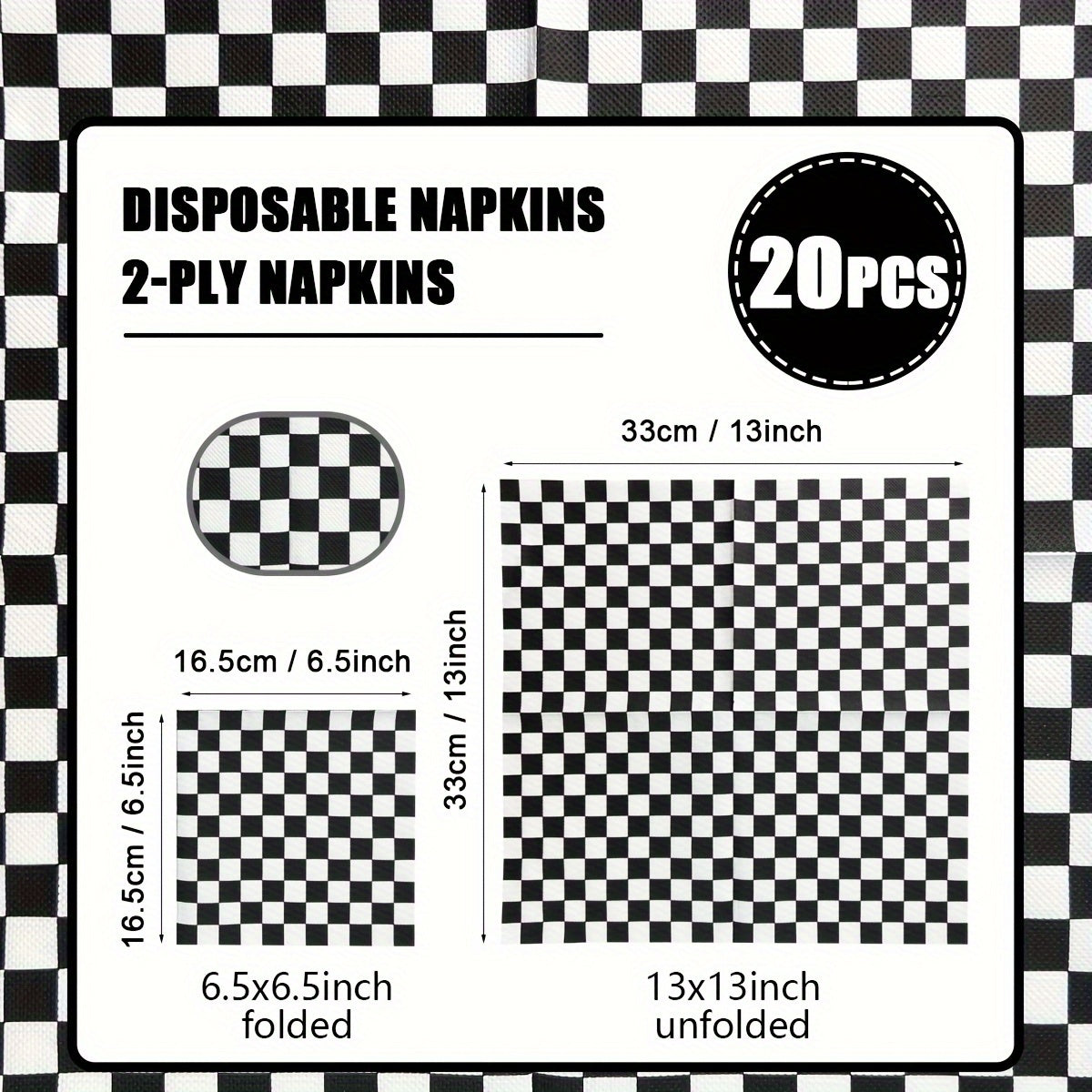 20 Black & White Checkered Disposable Napkins - Size 33.02x33.02 cm, Ideal for Weddings, Parties, and Holiday Celebrations