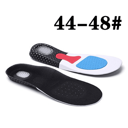 Unisex orthopedic insoles with memory foam gel inserts, arch support pads, and shock absorption for sports shoes.