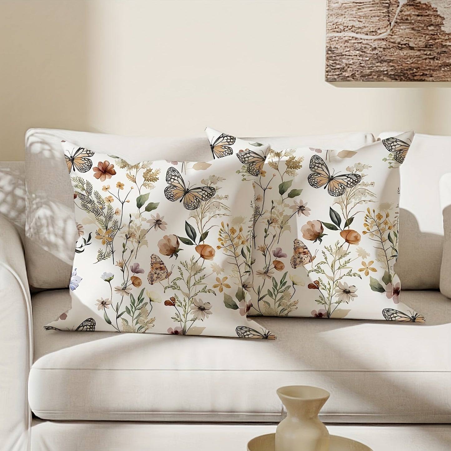 Two pieces of velvet throw pillow covers featuring a country rustic floral butterfly design in white. These decorative pillow covers measure 45.72cm x 45.72cm and are perfect for adding a touch of elegance to your living room, bedroom, sofa, or bed.