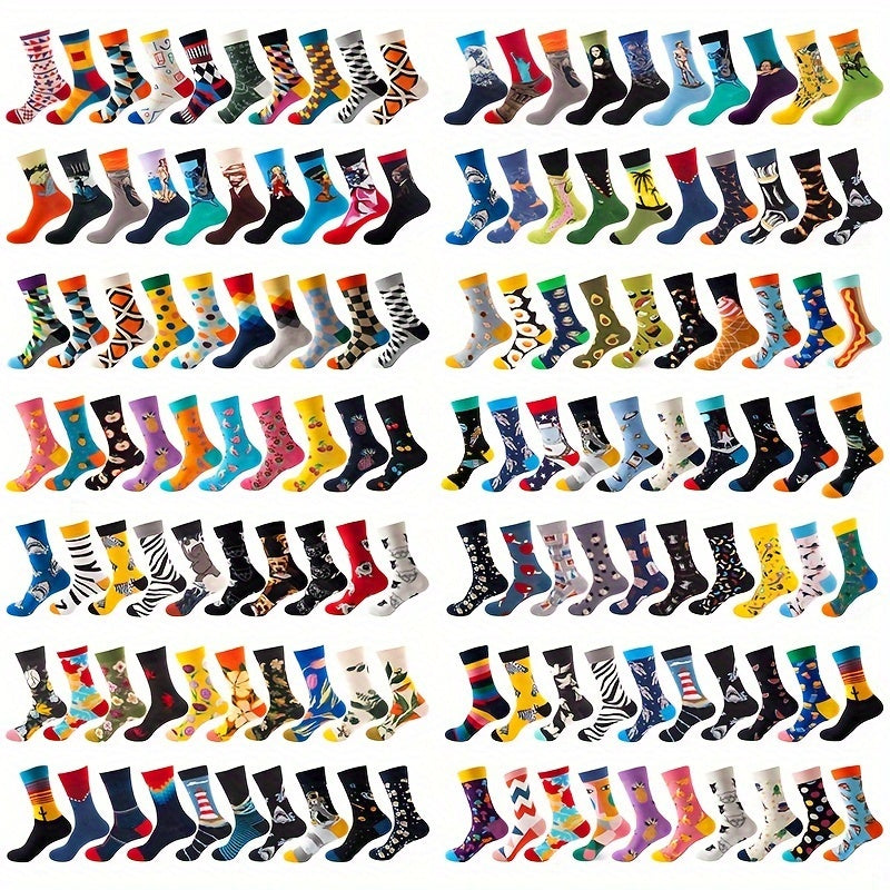 10 pairs of men's trendy cartoon anime pattern crew socks, breathable cotton blend, comfy casual unisex socks for all seasons.