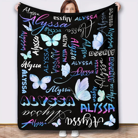 Alyssa Butterfly Flannel Throw Blanket: Customizable Design, All-Season Hypoallergenic Bedding, Machine Washable, Digital Print, Versatile for Living Room, Office, or Pet - 1pc Polyester Blanket