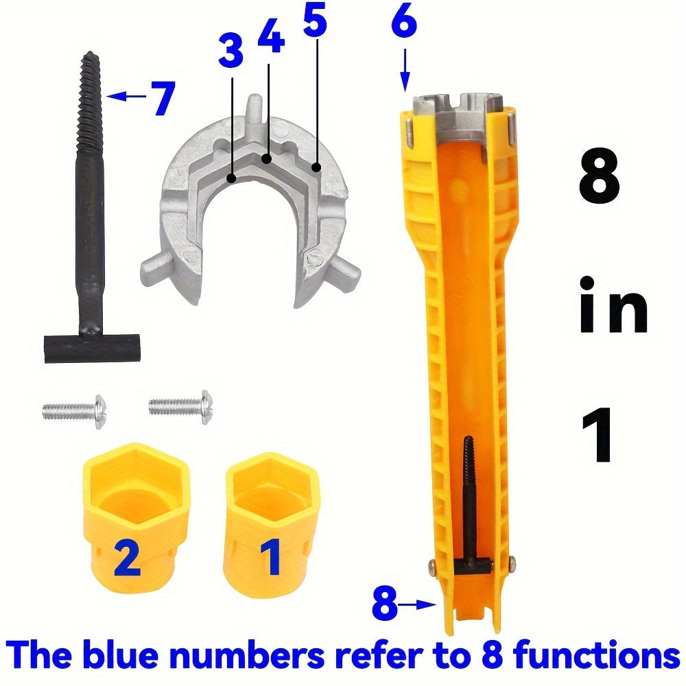 Multipurpose faucet wrench tool for installing sinks and water pipes in bathrooms and kitchens.