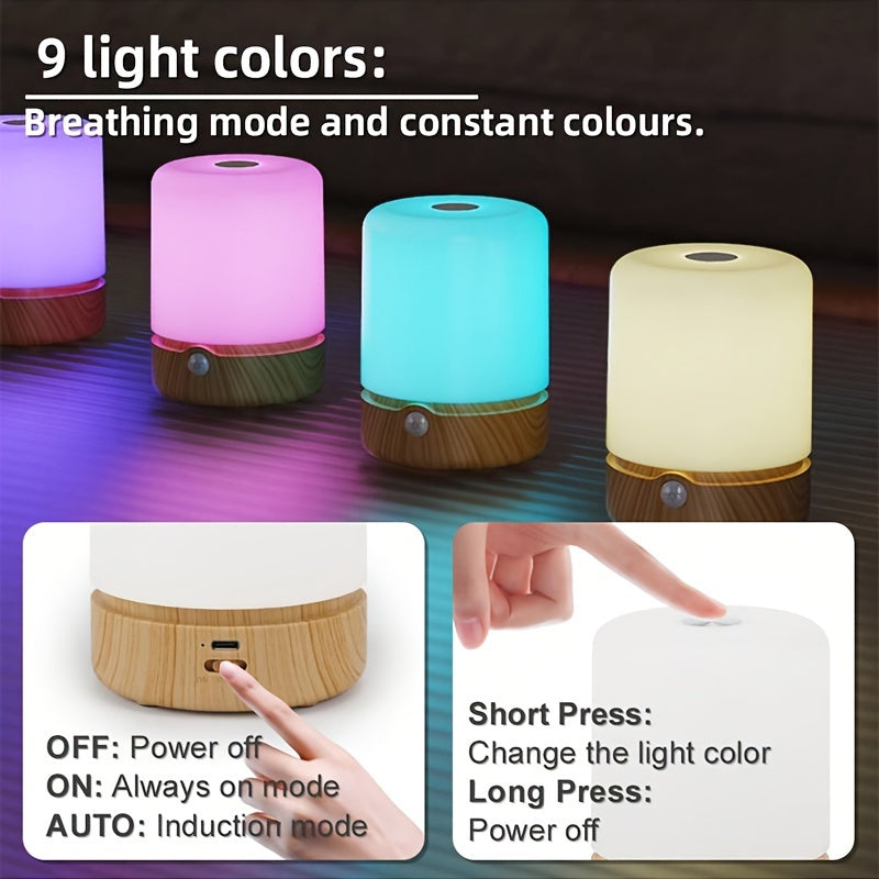 LED Night Light with Motion Sensor, Rechargeable Battery, Adjustable Brightness & Color, USB Charging, Plastic Lampshade - Perfect for Bedroom, Study, Nightstand - Mixed Colors