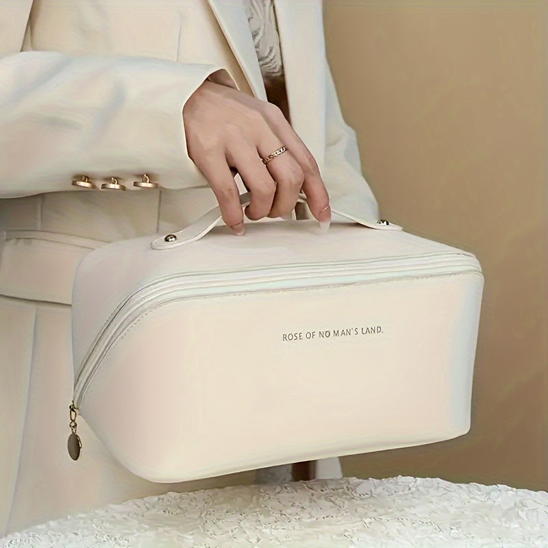 Travel toiletry bag with multiple compartments for cosmetics and accessories, zipper closure, lightweight and portable.