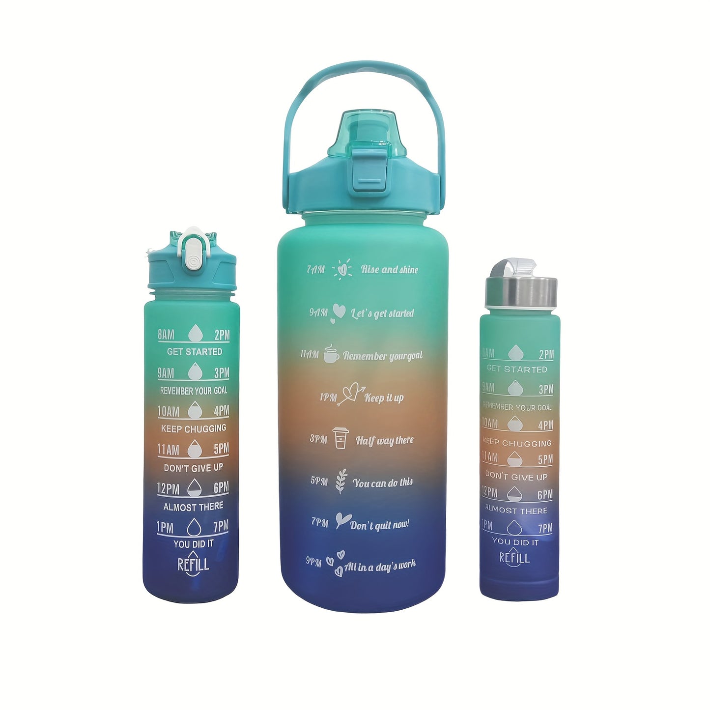 2L/70oz Gradient Water Bottle Set, BPA-free, leak-proof with time marker, straw, and lockable lid - perfect for camping, fitness, and home use. Hand wash only, lightweight, PVC-free.