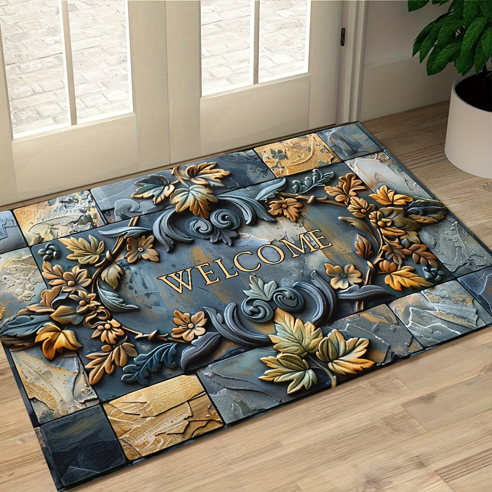 Opulent Welcome Mat with Elegant 3D Stone & Botanical Embossed Design - Features Non-Slip, Waterproof, and Machine Washable Polyester Material Perfect for Indoor and Outdoor Use - Enhance Entryway, Living Room, or Bathroom Décor