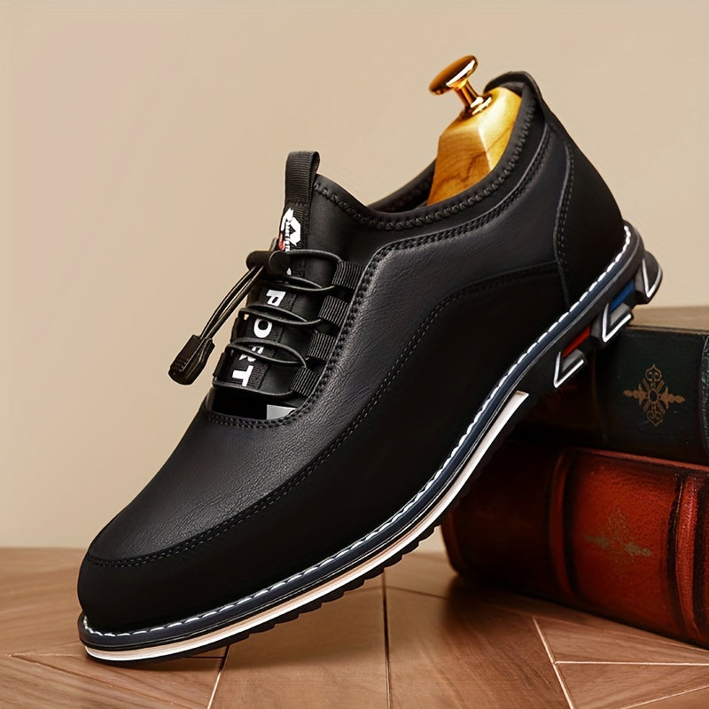 Men's casual low top lace-up shoes with elastic band, PU upper and rubber sole, suitable for all seasons.