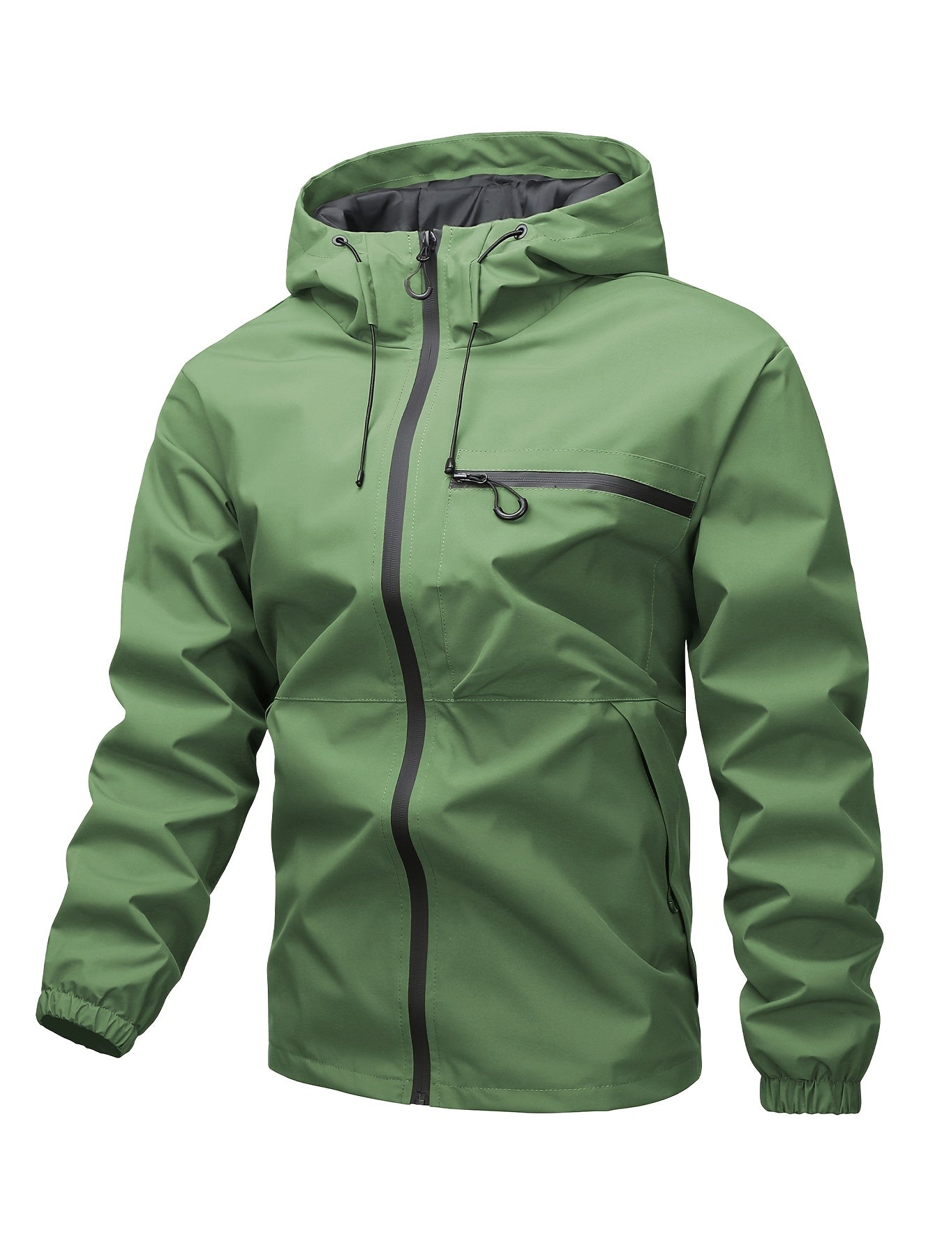 Outdoor men's jacket 1825 with windproof and waterproof design, hood, solid color, and multi-pocket.