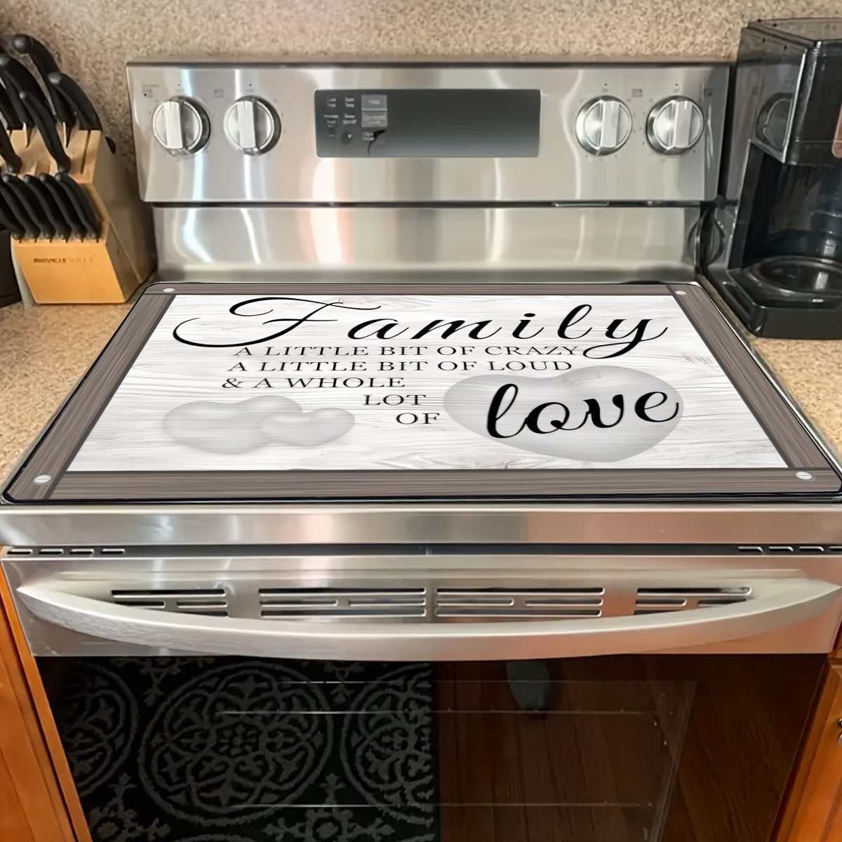 Wood Grain Design Stove Top Protector, 72.39x52.07cm, Scratch-Resistant & Heat-Resistant, Non-Slip Rubber Backing - "Family Love" Inspirational Quote. Dishwasher Safe, Versatile Kitchen Decor Mat for Cooktops, Countertops, Dryers.