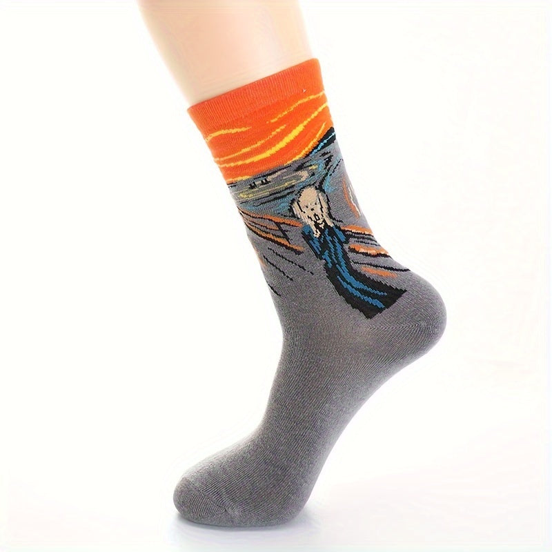 Men's 4-Pack Art Masterpiece Crew Socks featuring famous paintings, made of 70% cotton and 30% polyester. Hand wash only. Comfortable portrait patterned dress socks.