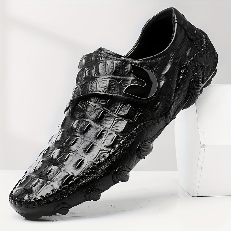 Men's Croc Effect Loafer Shoes with Hook and Loop Fastener, Comfy Non-slip Slip On Footwear.