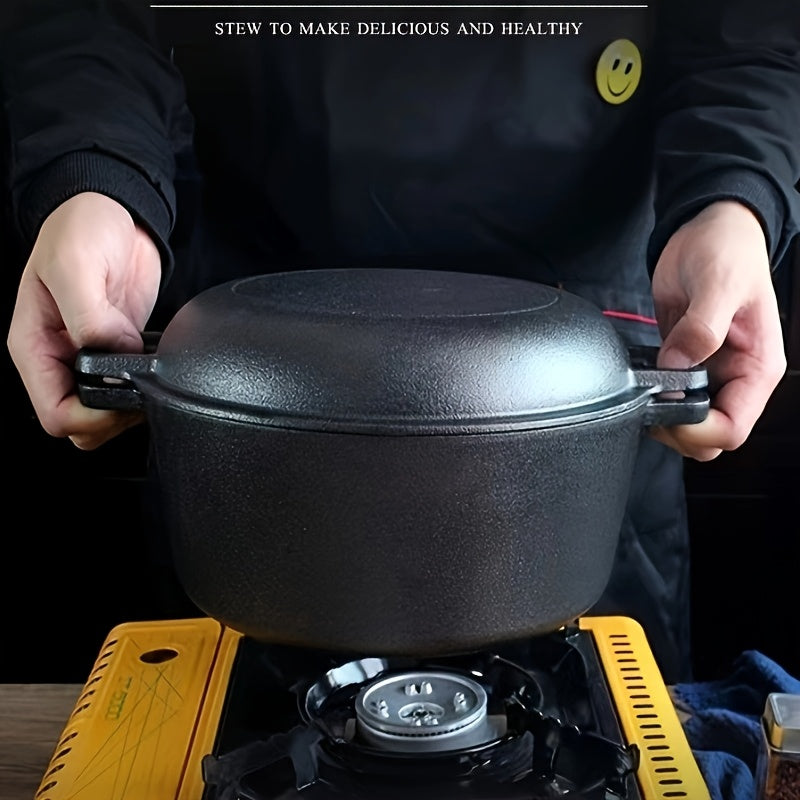 Round 26cm Cast Iron Dutch Oven Pot with Dual Handles - Thick, Uncoated for Frying and Stewing on Induction Cooktops