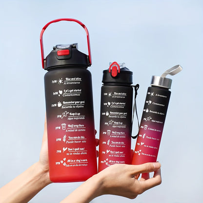 Set of three gradient sports water bottles with time markers, straws, and leak-proof design made of BPA-free PC material. Perfect for various activities and gifting occasions.