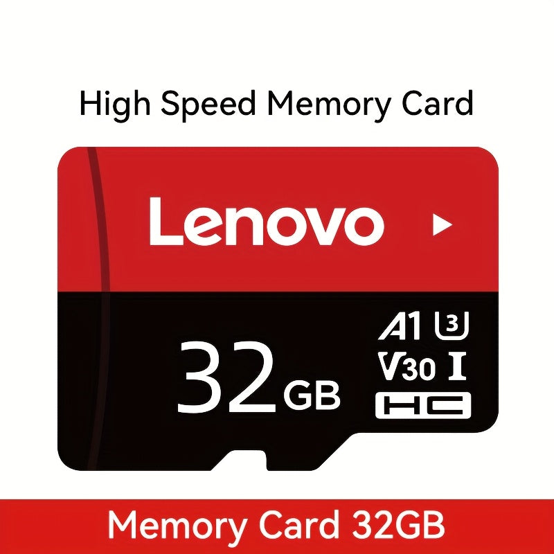 Lenovo High-Speed SD Card, sizes ranging from 32GB to 256GB, with UHS Class 10, V30, and A1 compatibility. Includes Micro SD adapter for multiple devices.