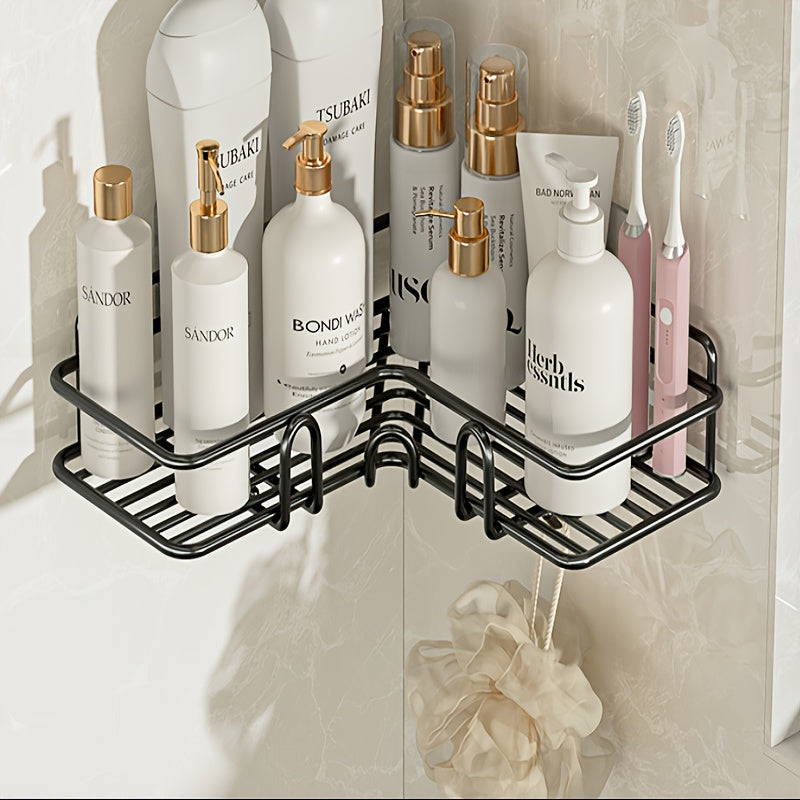 Punch-free corner shelf for bathroom storage, wall-mounted with space for toiletries and accessories.