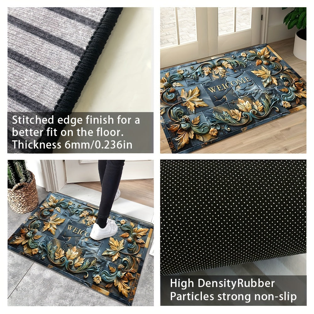 Introducing the 3D Realistic Stone Pattern Mat with Plant Relief, crafted with a 6mm thick layer of 100% polyester material. This luxurious mat boasts a plastic dot bottom and finely locked edges, weighing 800 grams per square meter. Its slip-resistant