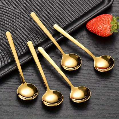 Set of five 304 stainless steel spoons, including coffee and seasoning spoons. Each spoon measures 3.86 inches in length and is perfect for gifting. These mini stirring spoons can be used for espresso, milkshakes, cappuccinos, and more. They are mirror