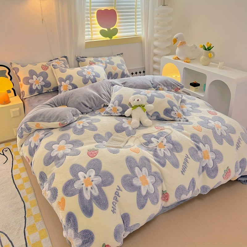 Velvet Duvet Cover Set with Flower Print, Includes 1 Duvet Cover and 2 Pillowcases - Soft and Warm Bedding Set for Autumn and Winter, Perfect for Bedroom or Guest Room