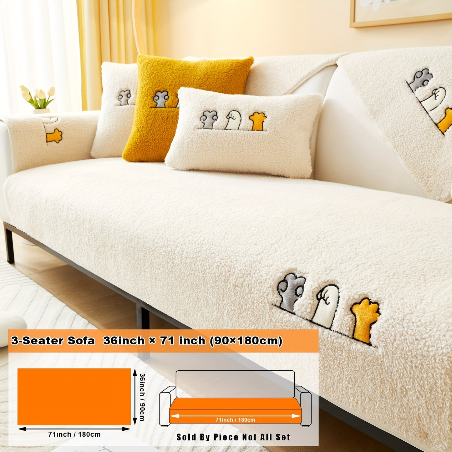 Modern plush sofa cover with paw pattern embroidery, non-slip protection for sofas, machine washable and suitable for various types of furniture.