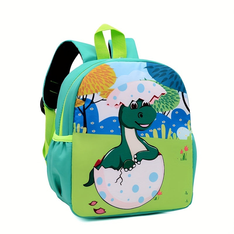 Kids' dinosaur backpack: durable, waterproof nylon with adjustable straps, machine washable, blue with yellow accents for school & outdoor activities