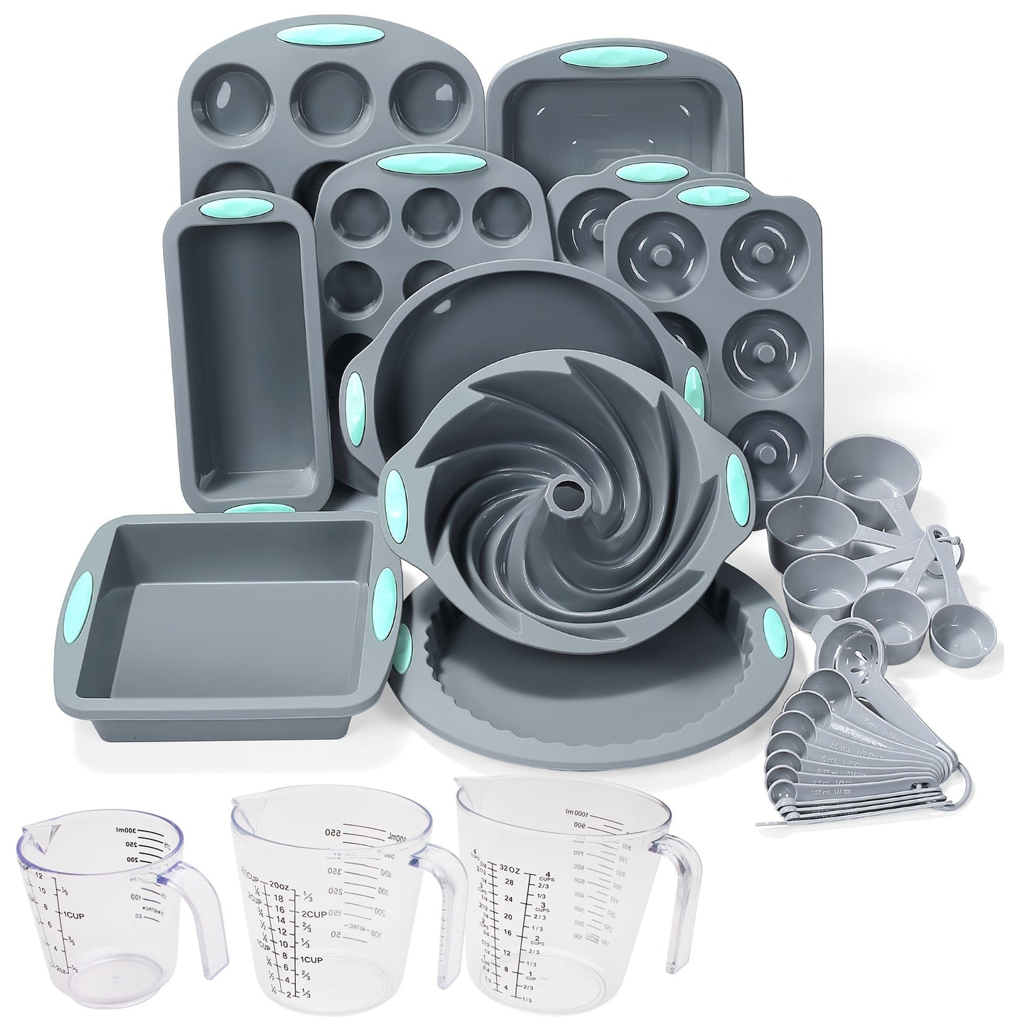 Silicone Baking Set with 45 Pieces including Nonstick Bakeware for Baking Cookies, Cakes, Muffins, and Breads. Set includes Loaf Pan, Cake Pan, Pizza Pan, Mini Cupcake Mold, Bundt Pan, Charlotte Cake Pan, and Measuring Cup and Spoon.