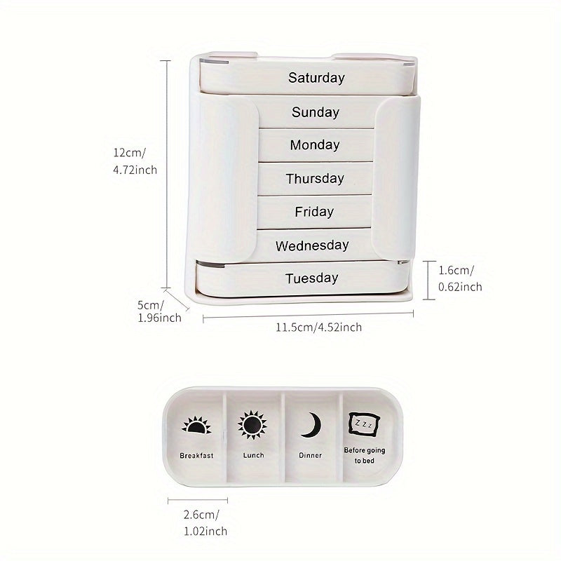 VANYARLIFE 7-Day Large Capacity Portable Pill Organizer with Removable Daily Compartments for AM, Noon, Evening, and Bedtime medications. White, Food-Safe PC Material, Durable Polycarbonate