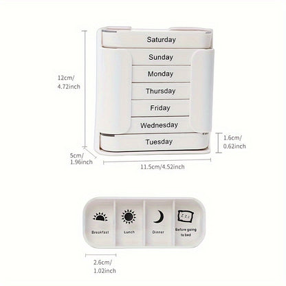 VANYARLIFE 7-Day Large Capacity Portable Pill Organizer with Removable Daily Compartments for AM, Noon, Evening, and Bedtime medications. White, Food-Safe PC Material, Durable Polycarbonate