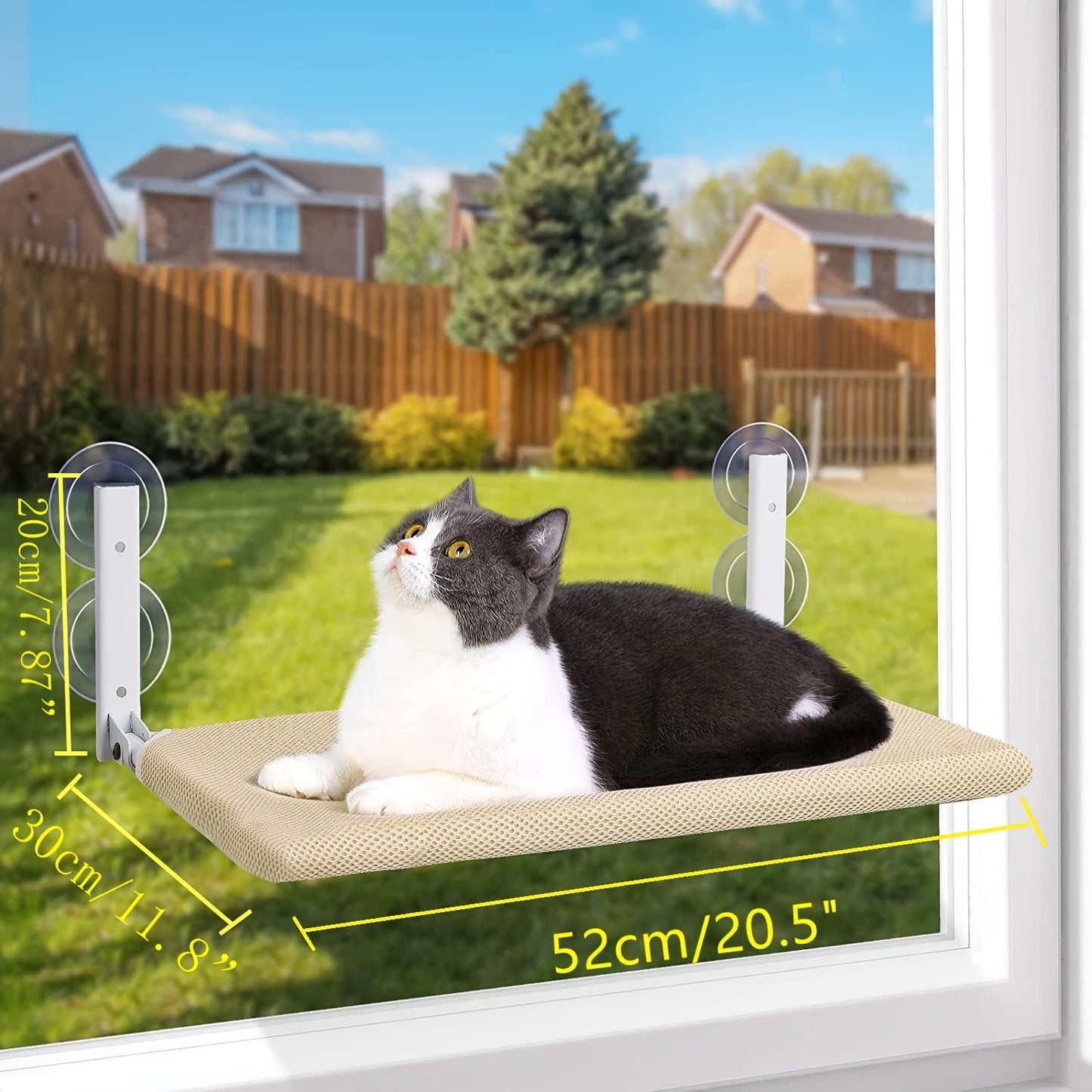 Foldable cat window perch hammock with steel frame and suction cups - reversible and easy-to-assemble indoor cat bed for sunbathing and birdwatching in grey.