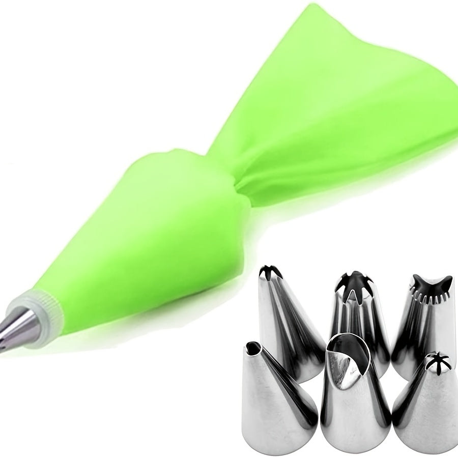 This set includes 8 pieces of Weluvfit Silicone Icing Piping Bags, featuring reusable pastry piping bags with 6 stainless steel nozzles. The DIY cake decorating supplies kit includes 6 nozzles, 1 pastry bag, and 1 white converter. It is easy to use and