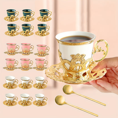 Golden 2.8oz Ceramic Tea Set with Gift Box, including Sakura Train Set, Turkish Arabic Coffee Cups, Espresso Cups with Saucer Plates and Spoons.