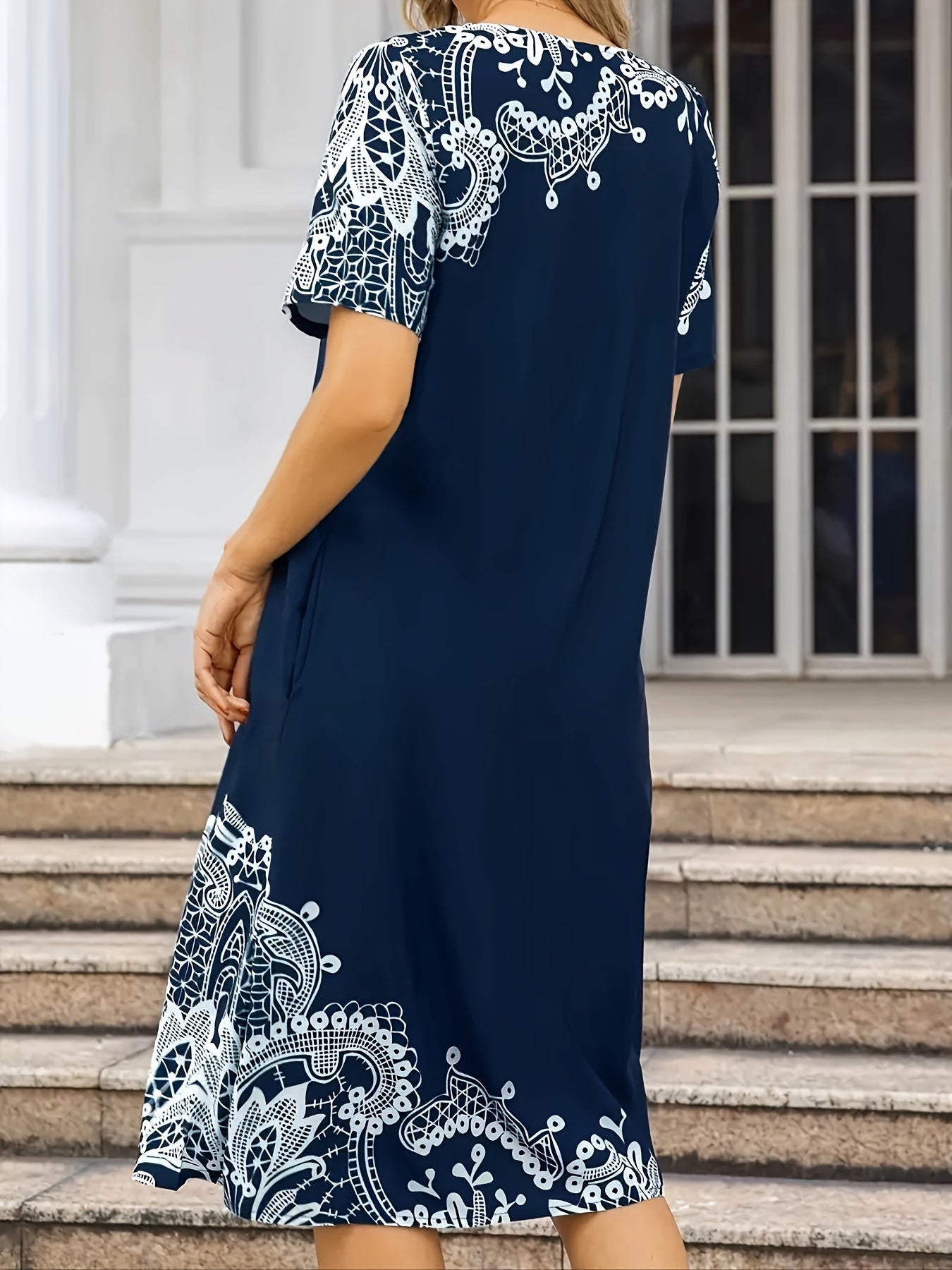 Women's Navy Blue Floral Print Short Sleeve Dress - Elegant Pleated Midi with Round Neckline, Non-Stretch Polyester Fabric, Ideal for Spring/Summer Fashion