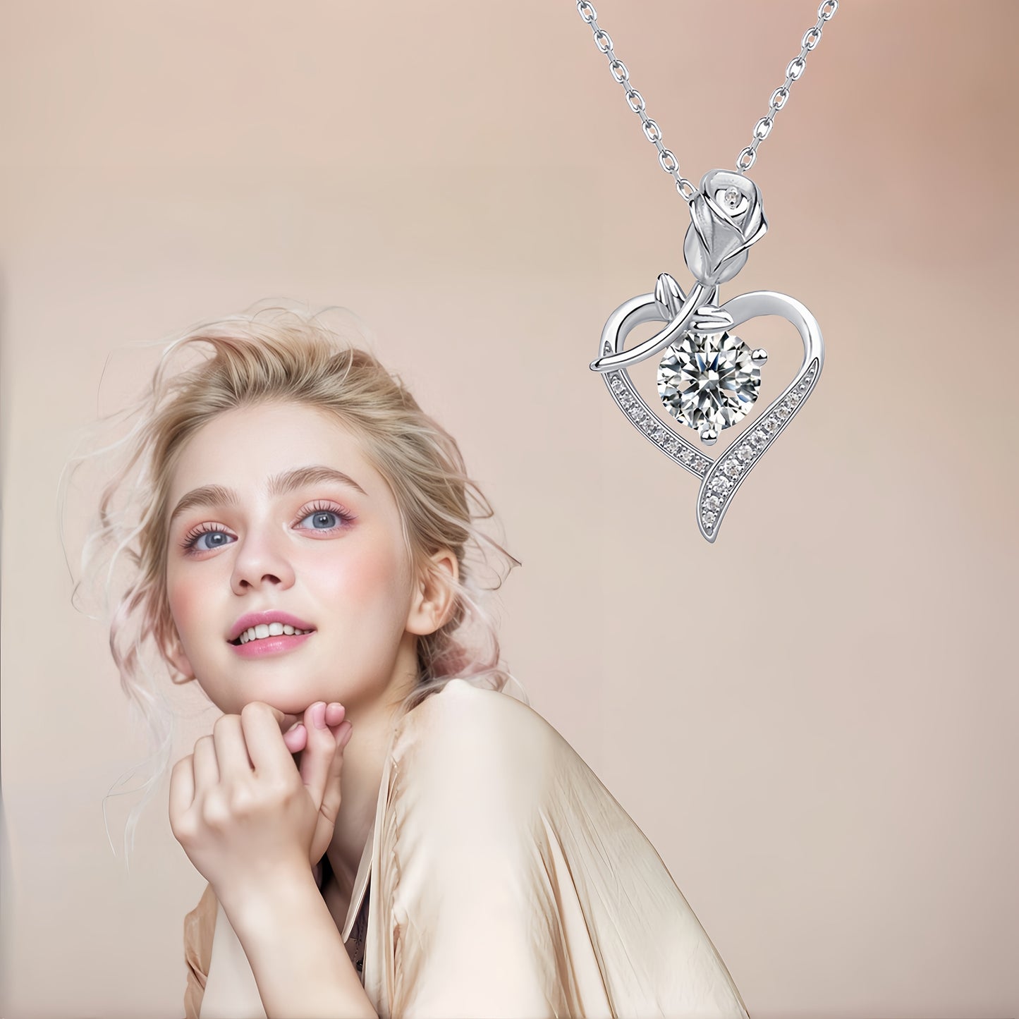 Rose Heart-Shaped Pendant Necklace - Elegant and luxurious necklace featuring a heart-shaped rose pendant adorned with synthetic cubic zirconia. Made with UV plated copper, this versatile piece is suitable for daily wear and gifting. Perfect for Mother's