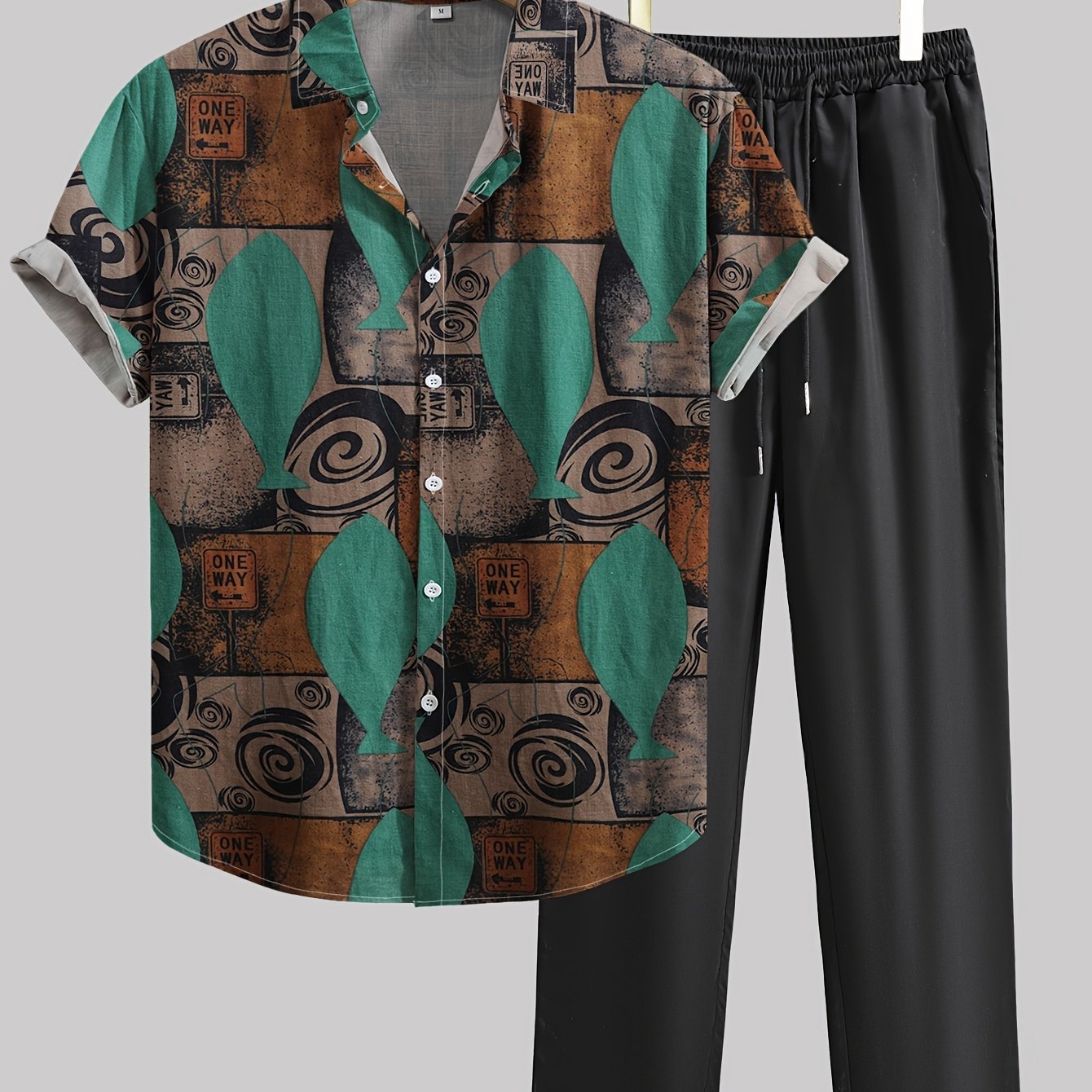 Men's casual geometric print shirt and pants set made of lightweight, non-stretch polyester. Features "ONE WAY" design, perfect for summer.