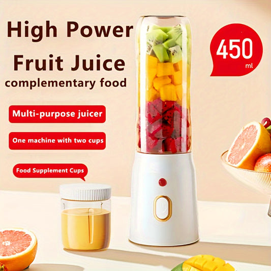 High power 450ml dual cup juicer, portable and rechargeable with USB/battery power, made from food-grade PP. Perfect for sports and home use.