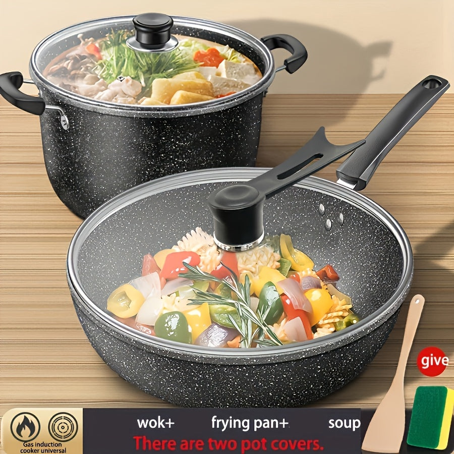 Set of 3 Maifan Stone Non-Stick Cast Iron Cookware Pieces, Suitable for All Stove Types, Hand Wash Only, Comes with Lid - Must-Have Kitchen Set