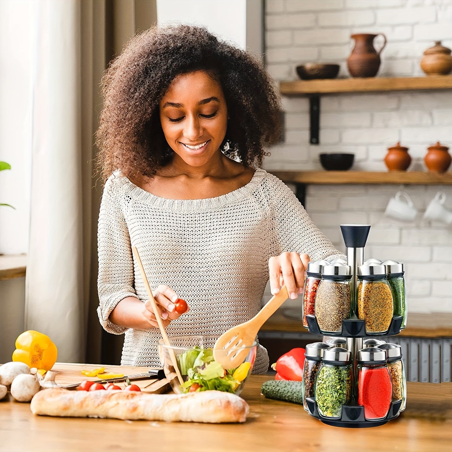 Revolving spice rack set includes 6 or 12 jars with 360° rotation shelf and glass refill containers for cabinet or countertop. Spices not included.