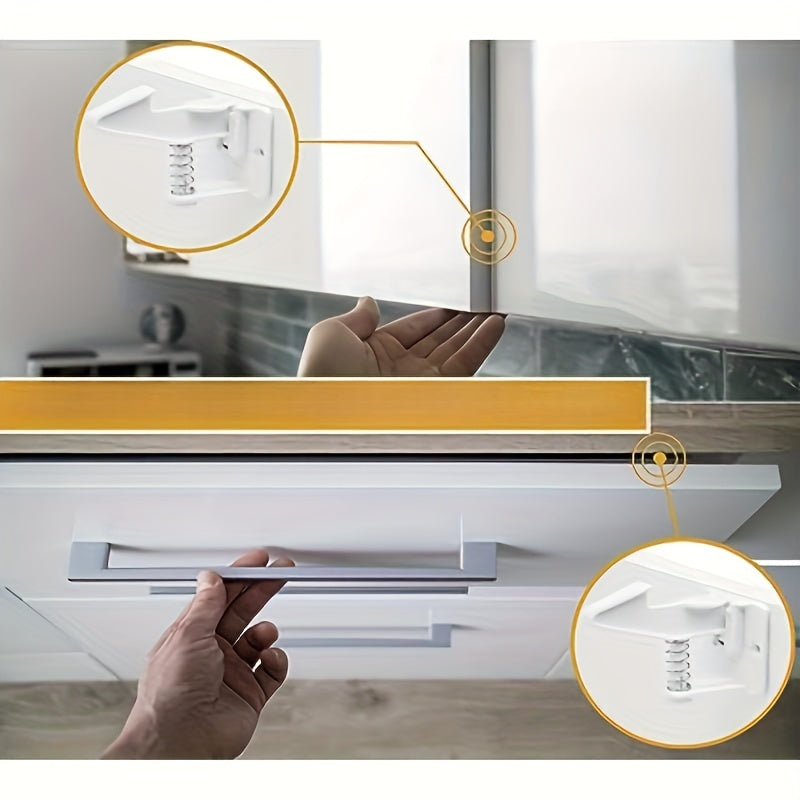 Baby-proofing your cabinets just got easier with these Child Safety Cabinet Locks. This set includes 4pcs of latches with upgraded stronger adhesive for easy installation. Works with most cabinets and drawers without the need for drilling. Available in