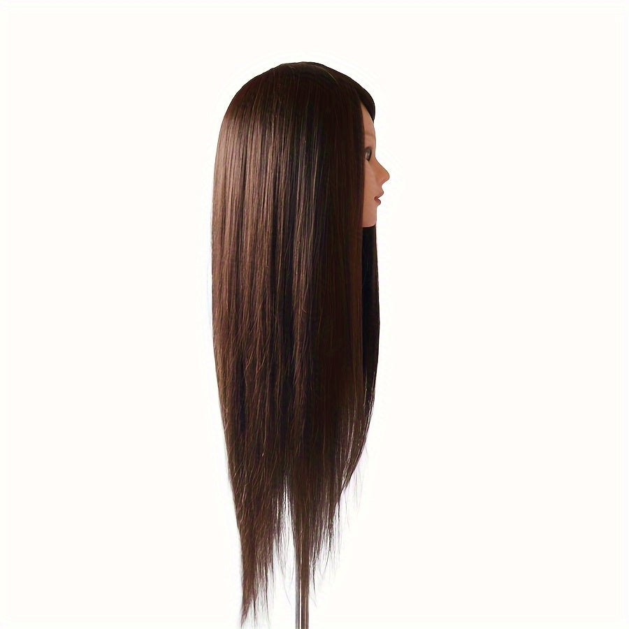 Mannequin head with 85% real human hair for professional hair styling, includes stand for braiding, curling, and perm practice.